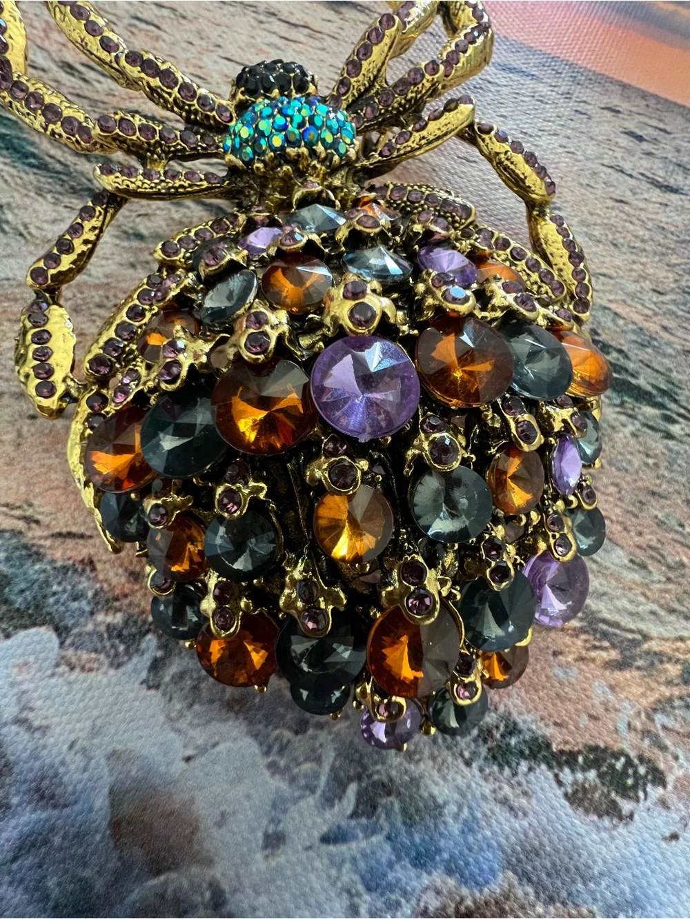 Gold-Tone Crystal Spider Brooch with Amber, Black and Purple Stones